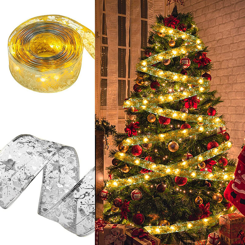 크리스마스 리본 스트링 조명, 16FT 50 LED 배터리 작동 크리스마스 트리 장식, 크리스마스 웨딩 파티 벽 장식