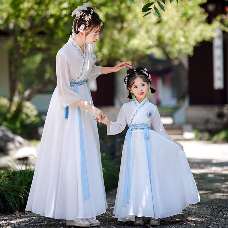 Vestido Hanfu tradicional chinês para mulheres, dança, vestidos, fantasia de fada, meninas princesas, kids party cosplay, roupas parentais