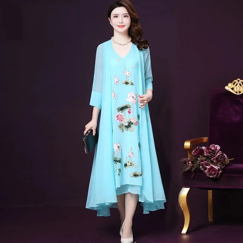 4XL Spring Summer New Chinese Style Embroidered Dress For Women Elegant Fake Two Pieces Dresses Mother Fashion Chiffon Vestidos