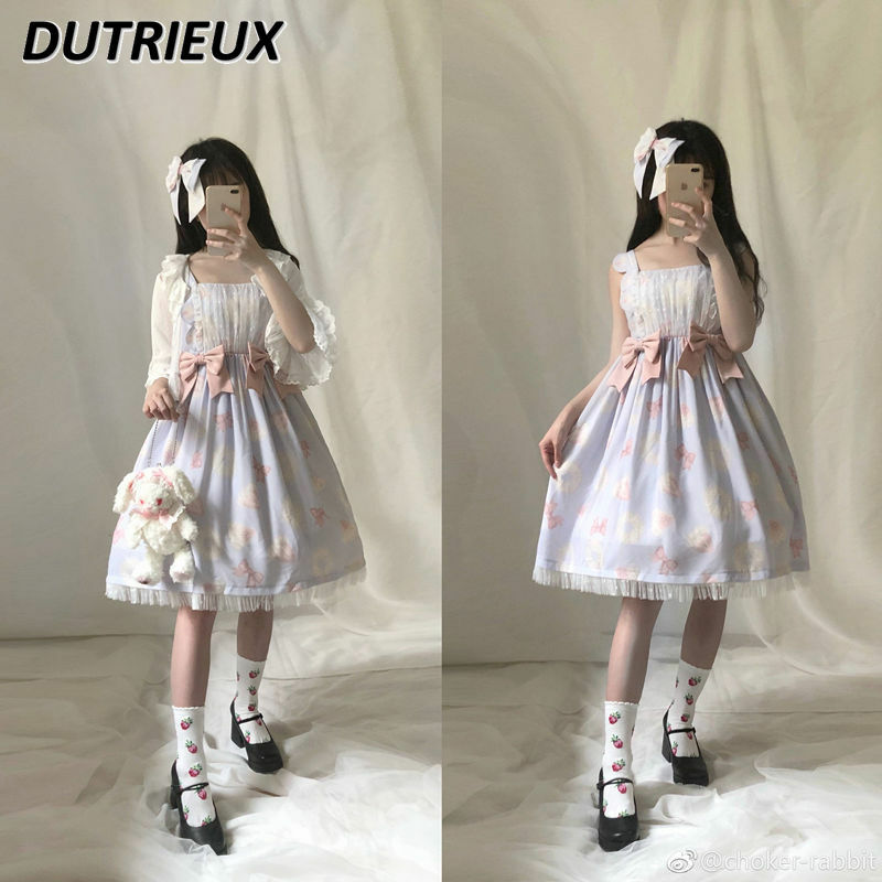 Летнее мягкое милое платье JSK в японском стиле для девушек с принтом Лолита милое платье без рукавов с бантом ТРАПЕЦИЕВИДНОЕ короткое платье на бретелях