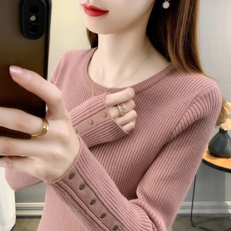 Fashion Women Long Sleeve Knitted Sweaters Spring Autumn New Solid Slim O-Neck Korean Basic Casual Bottoming Pullovers Tops
