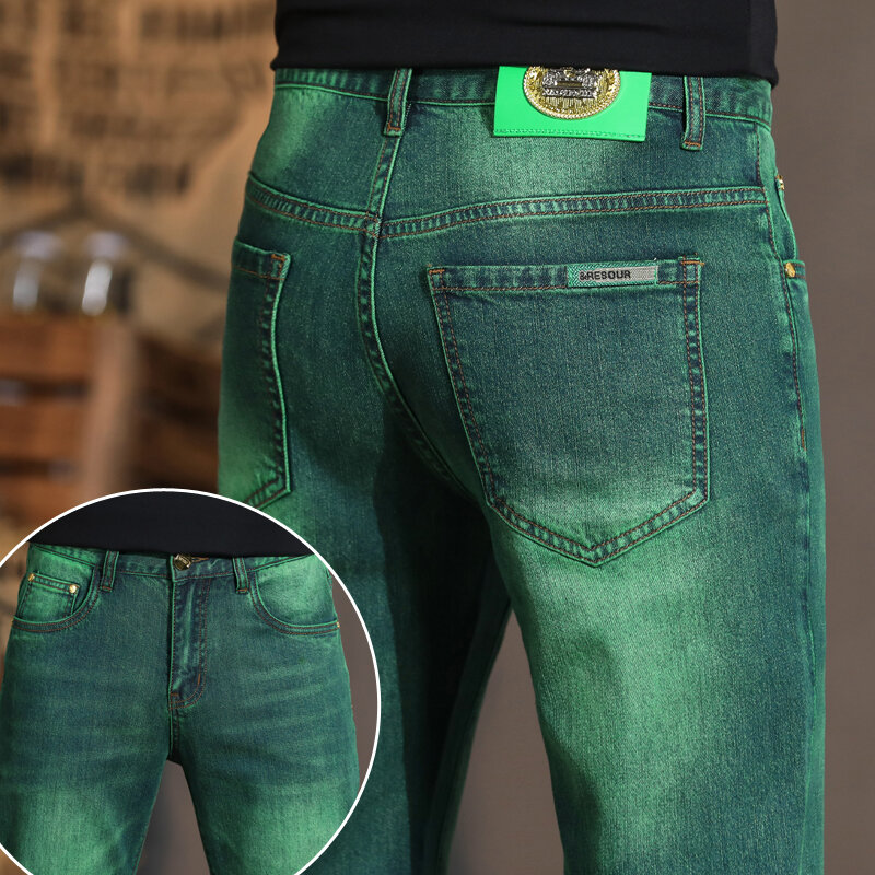 Pantalones vaqueros con bordado exquisito para hombre, jeans de manga recta, elásticos, ajustados, informales de calle, verde fantasma de agua de tormenta, nuevo