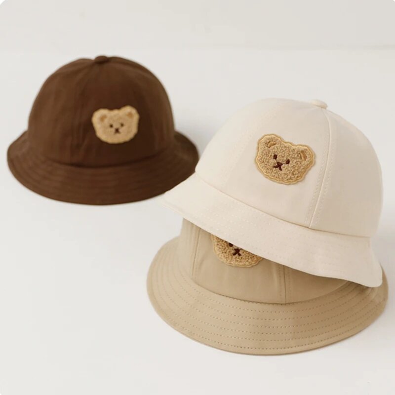 Algodão bordado Cartoon Bear Bucket Hat, boné de Panamá, proteção solar, crianças chapéus, crianças, pescador, Panamá, novo