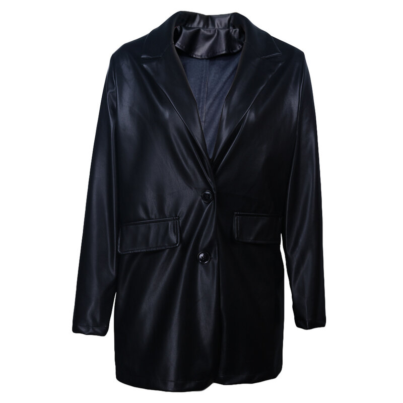 Blazer de couro falso feminino, jaqueta de peito único, couro preto, outwear longo, roupas da moda, outono e inverno 2022
