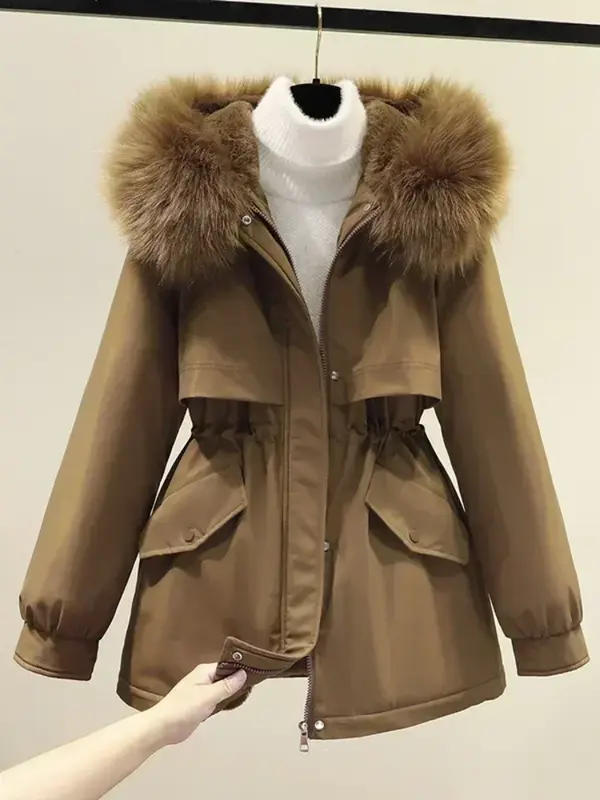 Nuovo in piumino invernale da donna 2024 elegante felpa con cappuccio cappotto isolante addensato abbigliamento donna peluche sottile con collo di pelliccia Parker
