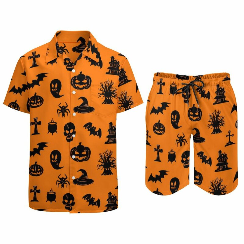Happy Haunts setelan cetakan Halloween pria, baju pendek kasual Retro musim panas, setelan liburan lengan pendek ukuran besar, ide hadiah