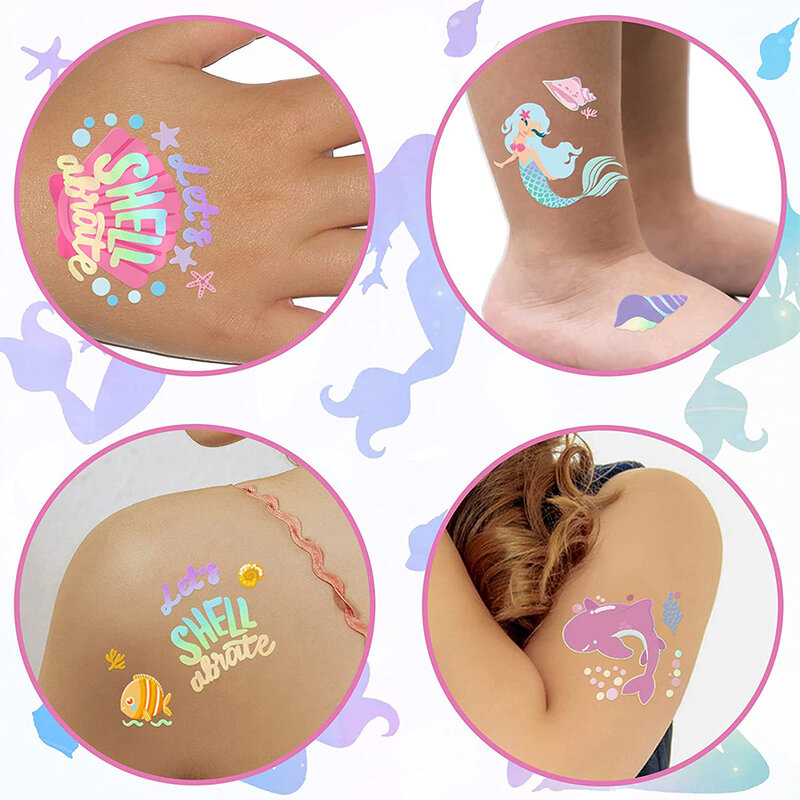 Little Mermaid Tattoo Adesivos para crianças, Cute Cartoon Mermaid, Princess Birthday Party Decor para crianças, rosto, braço, corpo, favores de maquiagem