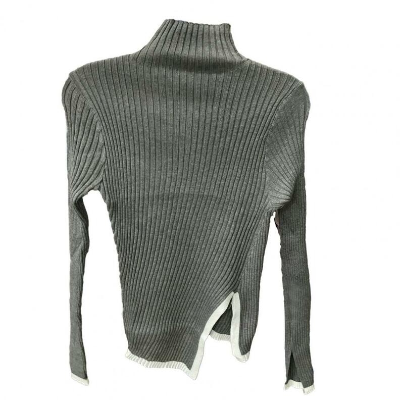 Suéter feminino de gola alta, gola alta, suéter de malha, bainha irregular dividida, proteção quente para o pescoço, outono