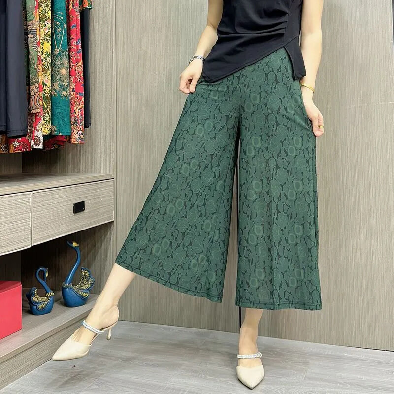 High-Waist Wide-Leg Pants Women 2024 Spring Summer Thin New Casual Pantskirt Ice Silk Pants Fashion Mother Installed Nine Pants