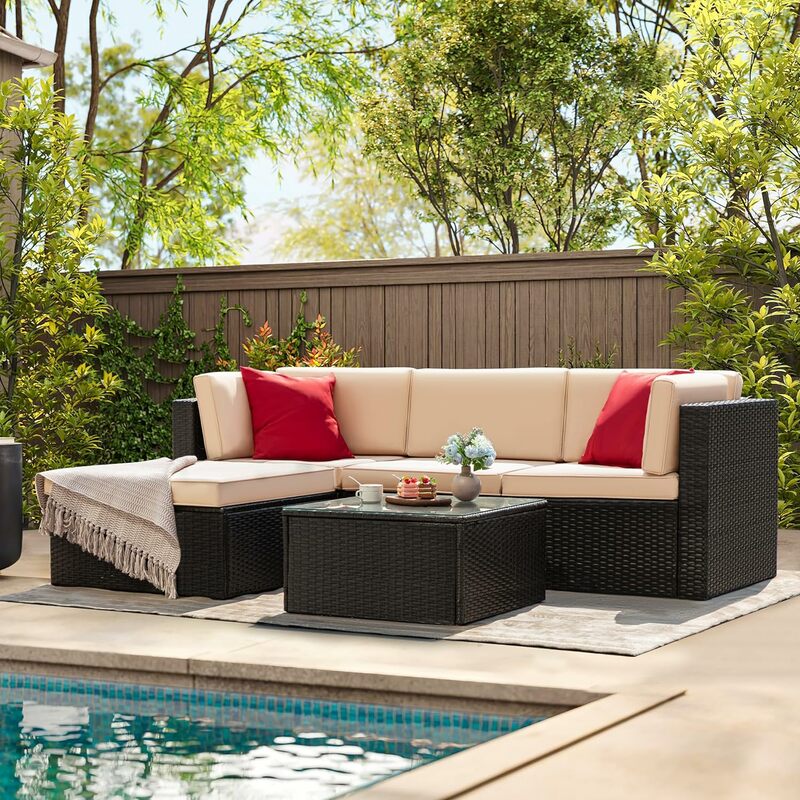 Patio Conversation Set Wicker Rattan Furniture Outdoor Sofa with Cushions,Pillows & Glass Table for Porch,Lawn and Yard