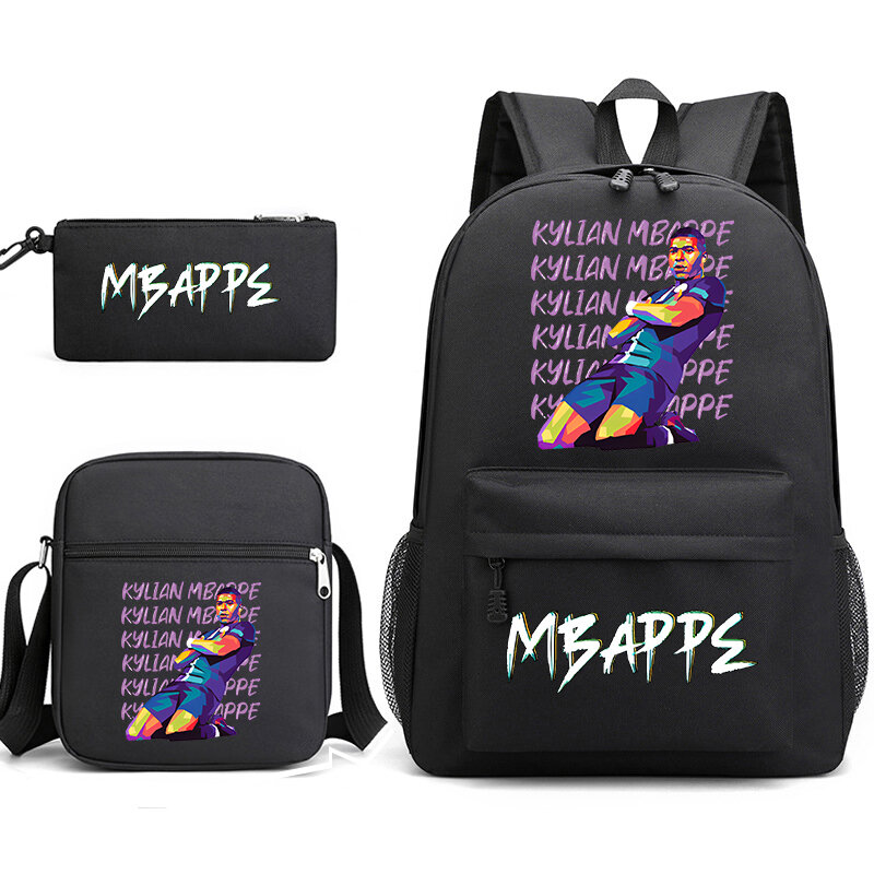 Mbappe avatar print student school bag set youth backpack pencil bag shoulder bag 3-piece set