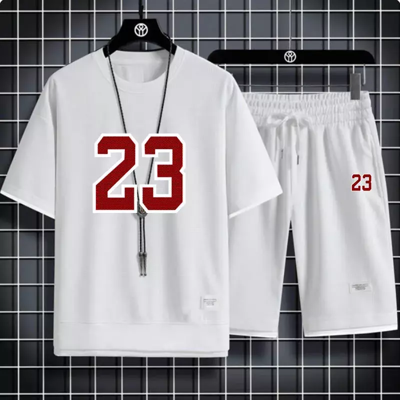 2024 Summer Sportswear Waffle 2-piece men's Shorts Suit Fashion clothing Harajuku style loose crew neck short sleeve sportswear
