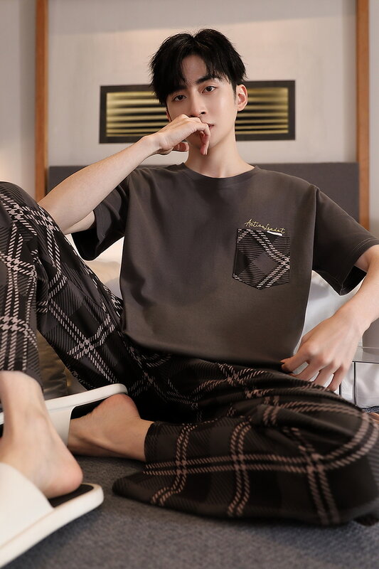 SUKAE-Pijama de punto de algodón para hombre, ropa de dormir elegante con cuello redondo, manga corta, pantalones largos, conjunto de verano para niño