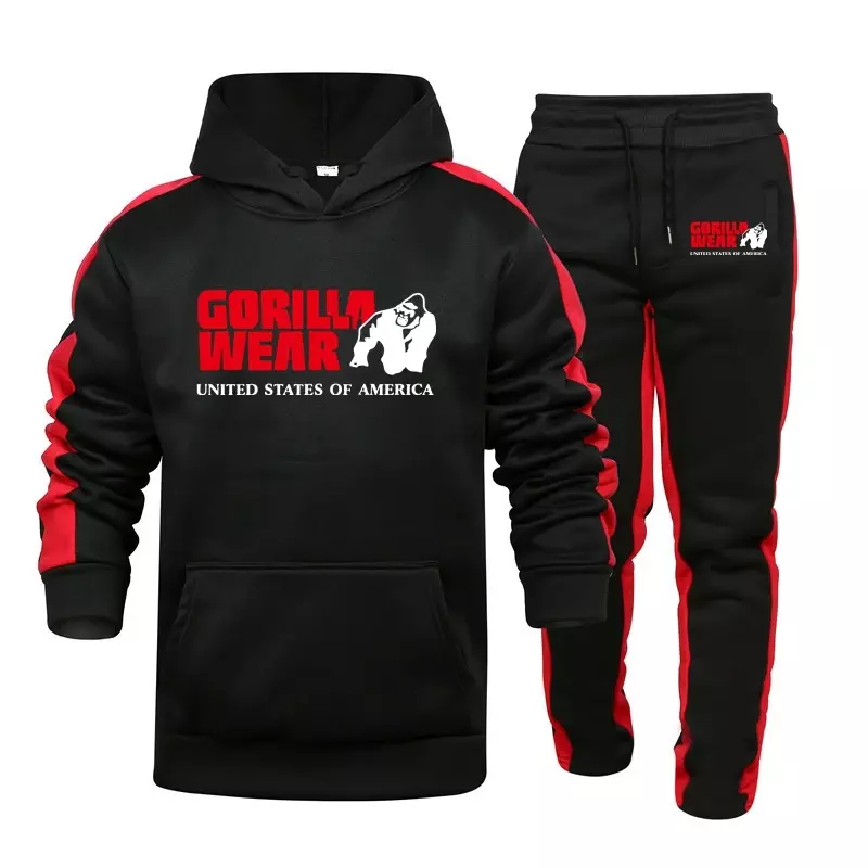 Setelan olahraga pria, kaus bertudung dan celana jogging kualitas tinggi pakaian Gym musim gugur gorila olahraga kasual