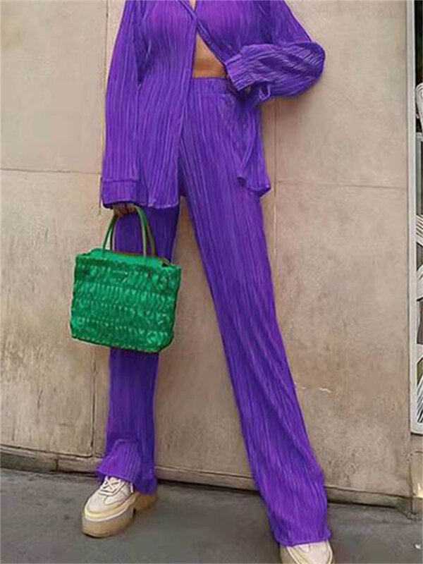 Wsevypo-conjunto plisado de 2 piezas para mujer, ropa de calle de manga larga, camisa con botones y pantalones de pierna recta, trajes sueltos, primavera y verano