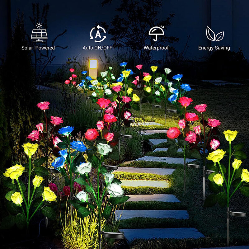 Lampu LED dekorasi taman, 7 LED simulasi tenaga surya bunga mawar lampu rumput untuk halaman teras dekorasi taman