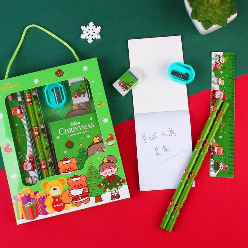 6 buah/Set Set Set alat tulis Natal (penggaris + pensil + penghapus + rautan pensil + alas Memo) Kit hadiah alat tulis anak-anak siswa