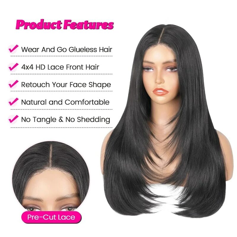 4X4 Straight Layered Lace Front Wigs Easy to Wear Glueless Layered Cut Lace Front Wig Synthetic HD Pre Cut Lace Closure Wigs