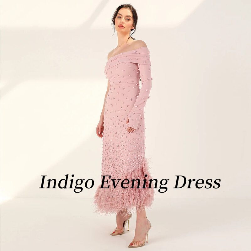 Indigo-vestido largo de fiesta de noche para mujer, traje elegante de un hombro con plumas y cuentas completas, 2024