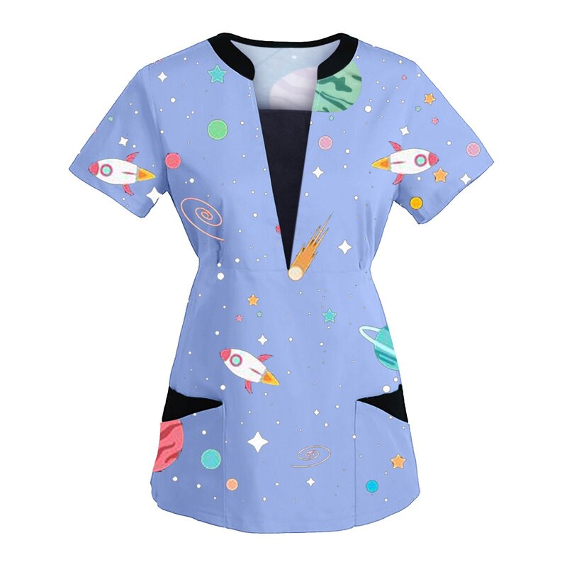 Plus Size Working Scrubs Tops Women Pet Nurse Uniforms Summer Short Sleeve Print Beauty Salon Work Uniforms Uniforms Workwear
