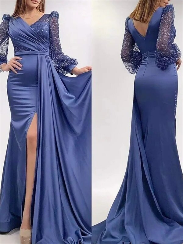 Женское вечернее платье-русалка, однотонное блестящее платье из прозрачного тюля с разрезом в несколько рядов и длинным шлейфом, модель 2023