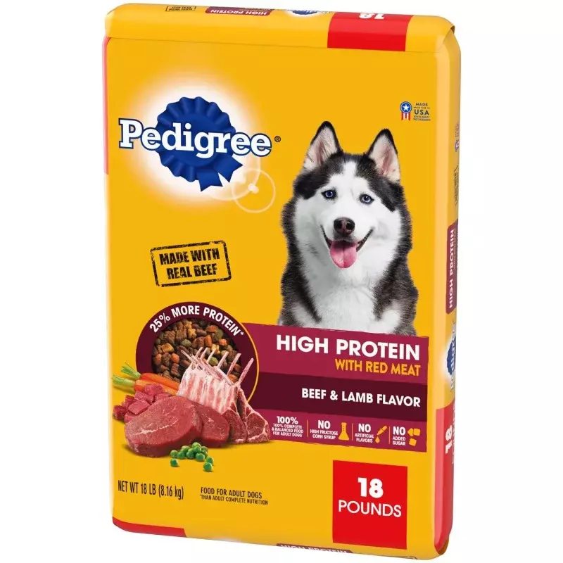 Pedigree-comida seca con alto contenido de proteínas para adulto, comida para perros con sabor a ternera y cordero, Kibble para perros, bolsa de 18 lb