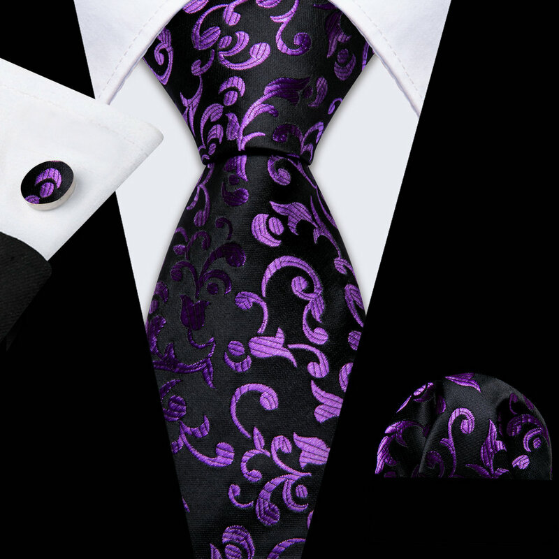 Hadiah dasi pria ungu sutra dengan saku persegi Set manset baru setelan sutra bunga dasi untuk pria pesta desainer Formal Barry.Wang