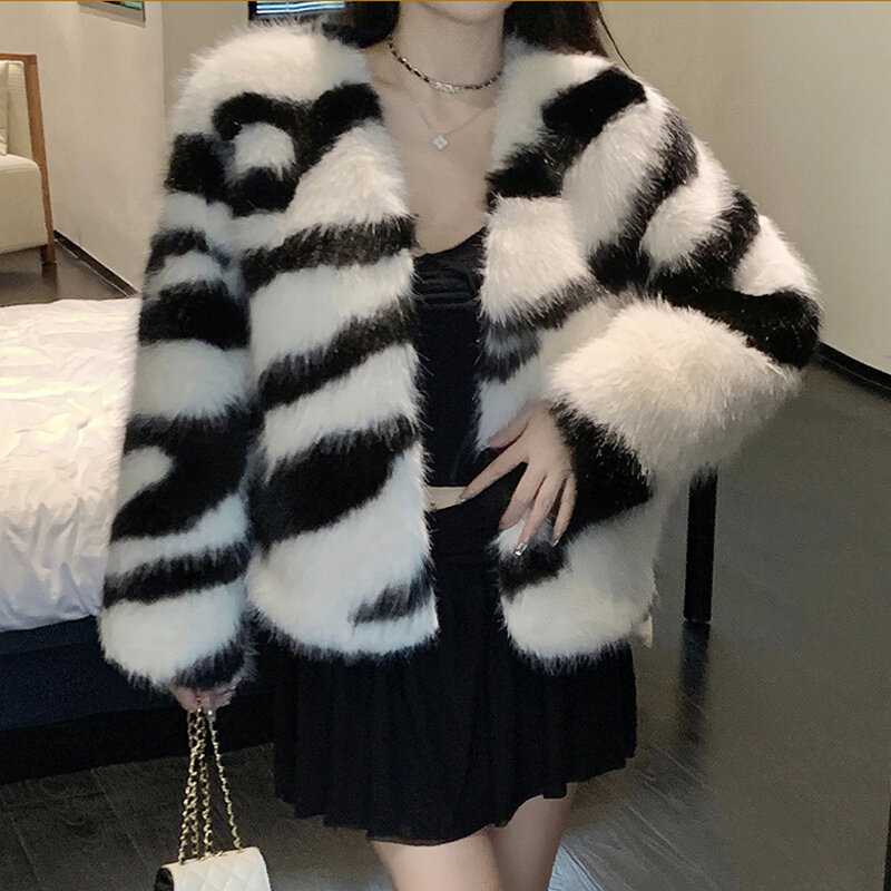 Winiter Zebra Streep Nepbont Jas Lange Mouwen Vest Ontwerp Koreaanse Mode Vrouwen Bontjas