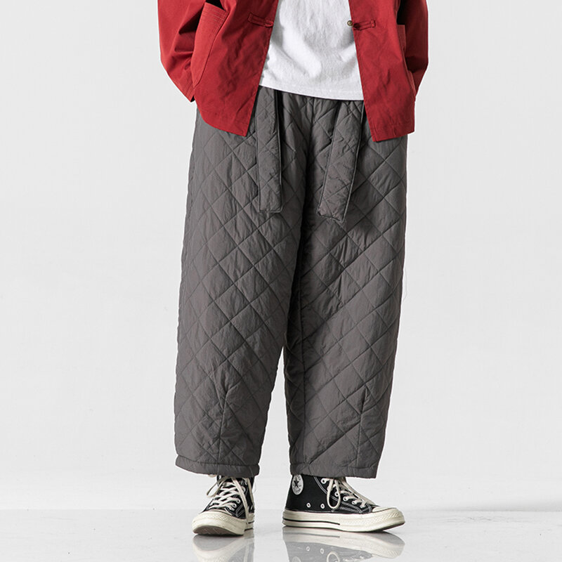 Calça masculina acolchoada de algodão espessa, calça casual quente estilo chinês, moletom com cordão, inverno 2023