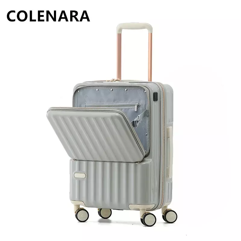 COLENARA New Luggage Front Opening Boarding Case Laptop Trolley Case USB Charging Travel Bag 20"24" ABS+PC Cabin Suitcase