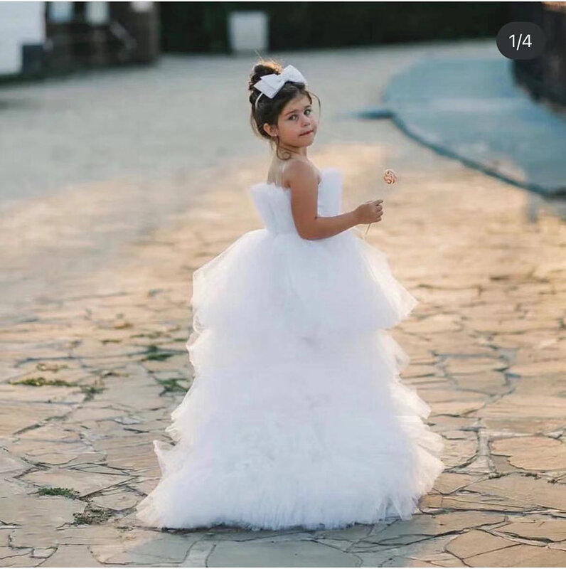Warstwowe dziewczęca sukienka w kwiaty na ślub biały tiul bez rękawów z kokardą słodkie dziecko pierwsze sukienki na przyjęcie urodzinowe eucharystyczne
