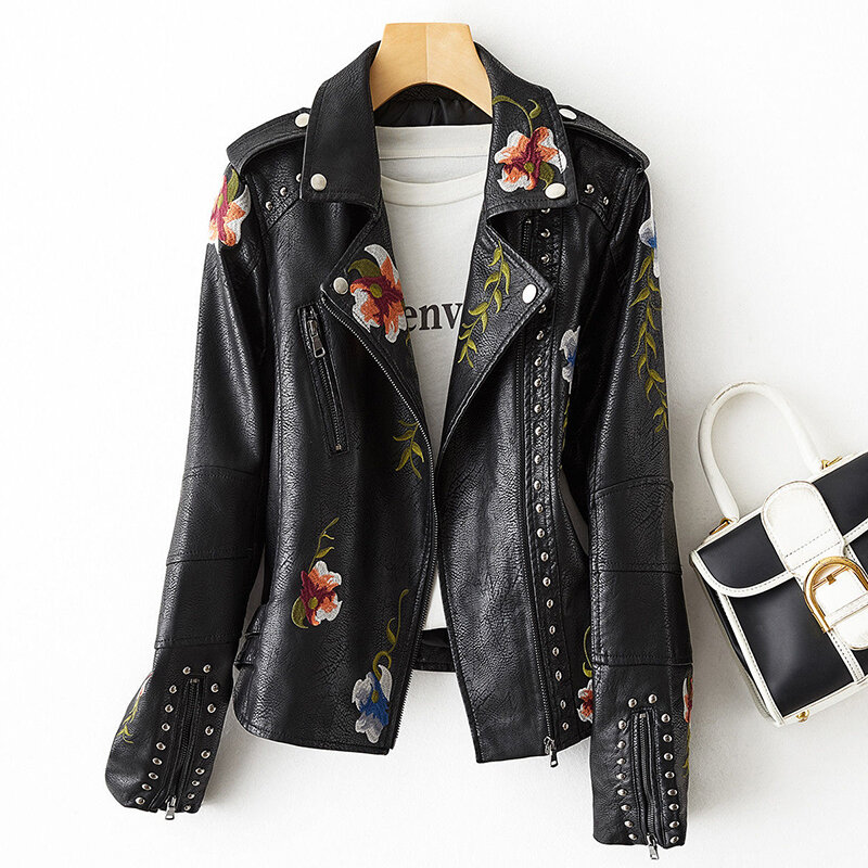 Женская куртка из искусственной кожи, Черная байкерская куртка в стиле ретро с цветочным принтом и вышивкой, верхняя одежда в стиле панк, весна 2023