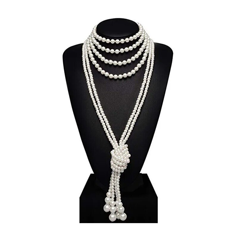 Colar de pérolas falsas para mulheres, acessórios Gatsby, bijuterias vintage, moda creme, década de 1920