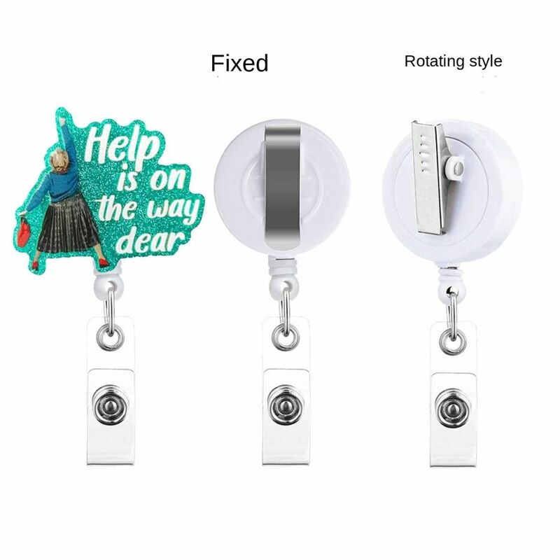Help Is on The Way Dear Retractable Badge Reel Retractable Acrylic ID Badge Holder Glitter 360 Rotating Name Holder