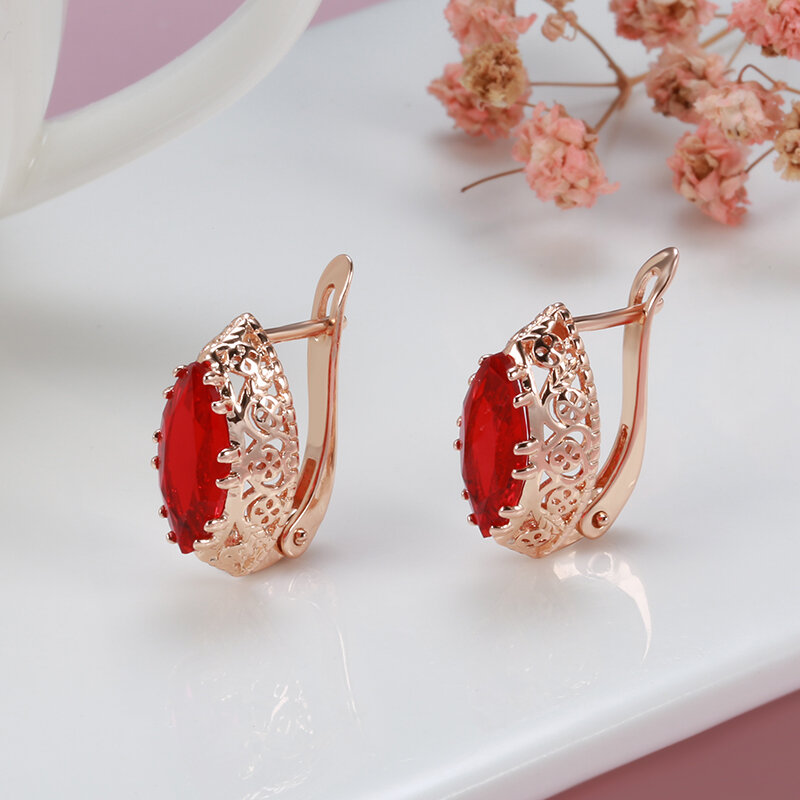 SYOUJYO Red Horse Eye Natural Zircon Earrings For Women 585 Rose Gold Color Vintage Jewelry