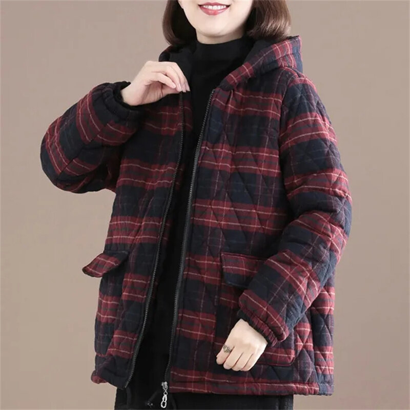 Women's Cotton Coat 2023 New Thick Autumn Winter Cotton Jacket Short Hooded Casual Warmth Plaid Jacket Parka Female Outerwear