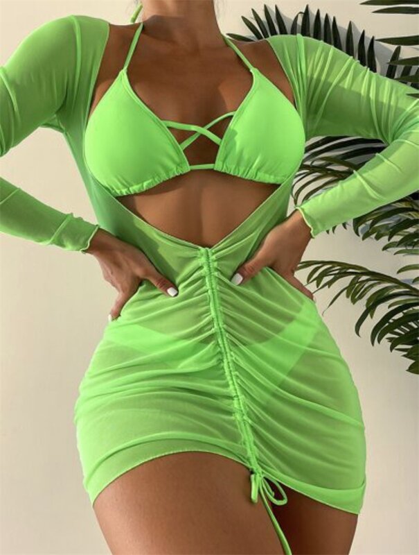 Fato de banho biquíni verde 3 peças femininas, top, roupa íntima, curto, mini vestido de baile, festa de verão, praia, saia de férias