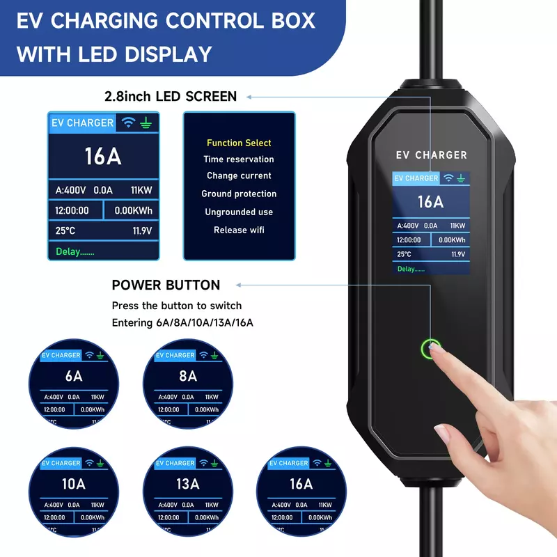 11KW 16A 3Phase Portable EV Chargeur Type 2 IEC62196-2 EVSE Charge Rapide Wallbox CEE Prise WIFI Andrea Bluetooth Sans Fil Contrôle