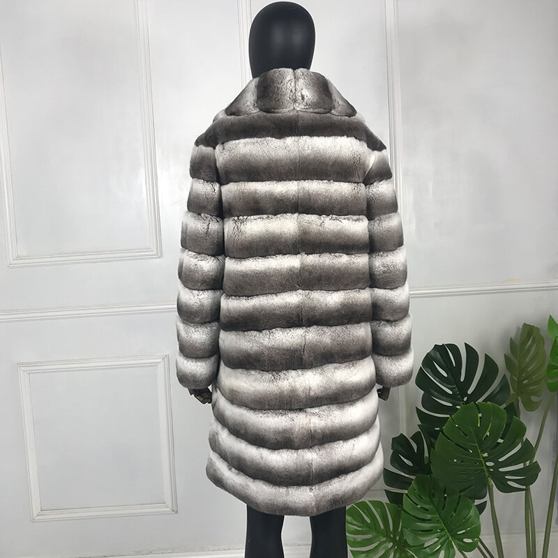 Delightful Chinchilla Fur Jacket Coat Natural Rex Rabbit Fur Overcoat Women Long outwear High Fashion