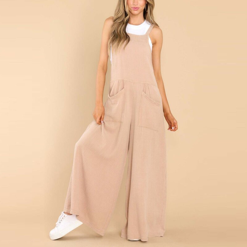 Casual Jumpsuit Women Spaghetti Strap Sleeveless Loose Wide Leg Rompers Fashion Streetwear Summer Solid Bib Overalls Outfit