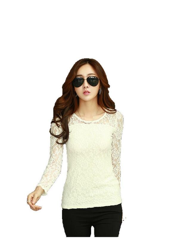 Fashion 2019 Summer New Style Korean Chiffon Women's Wear Pullover Long Sleeved Round Neck Slim Fit Lace Shirt