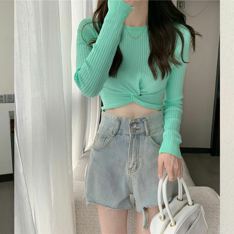 Korean Knitted T-shirt Women Cross Long Sleeve Short Style Irregular Tops