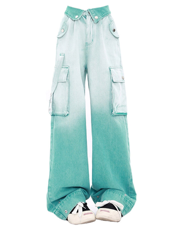 Dopamina Plus-size American Spice Girl flangiatura Jeans da lavoro donna autunno Design senso Multi-tasca pantaloni larghi larghi a gamba larga