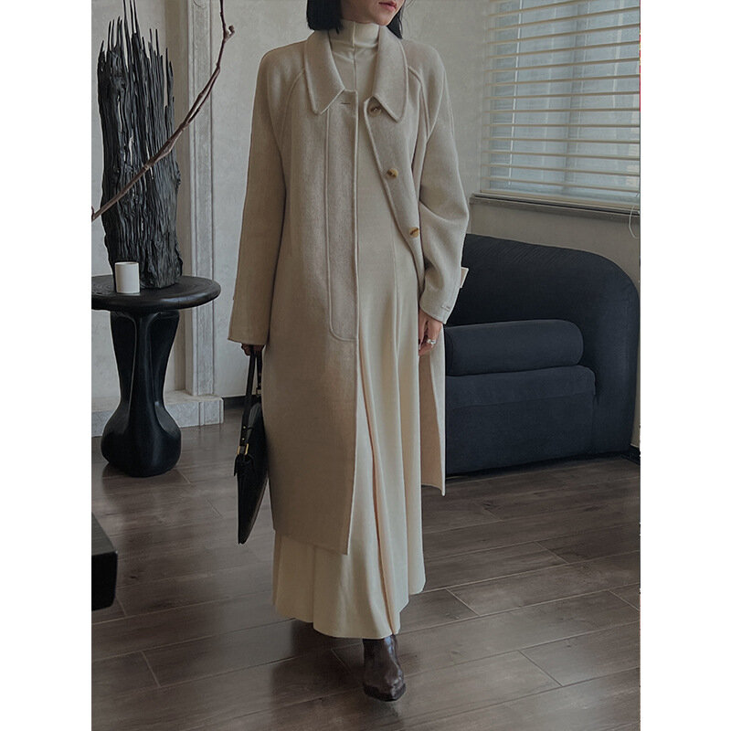 LSAC 2022 FW SOLID OFFICE LADY CASUAL KOREAN LUXURY STYLE CASHMERE WOMENS LONG COATS
