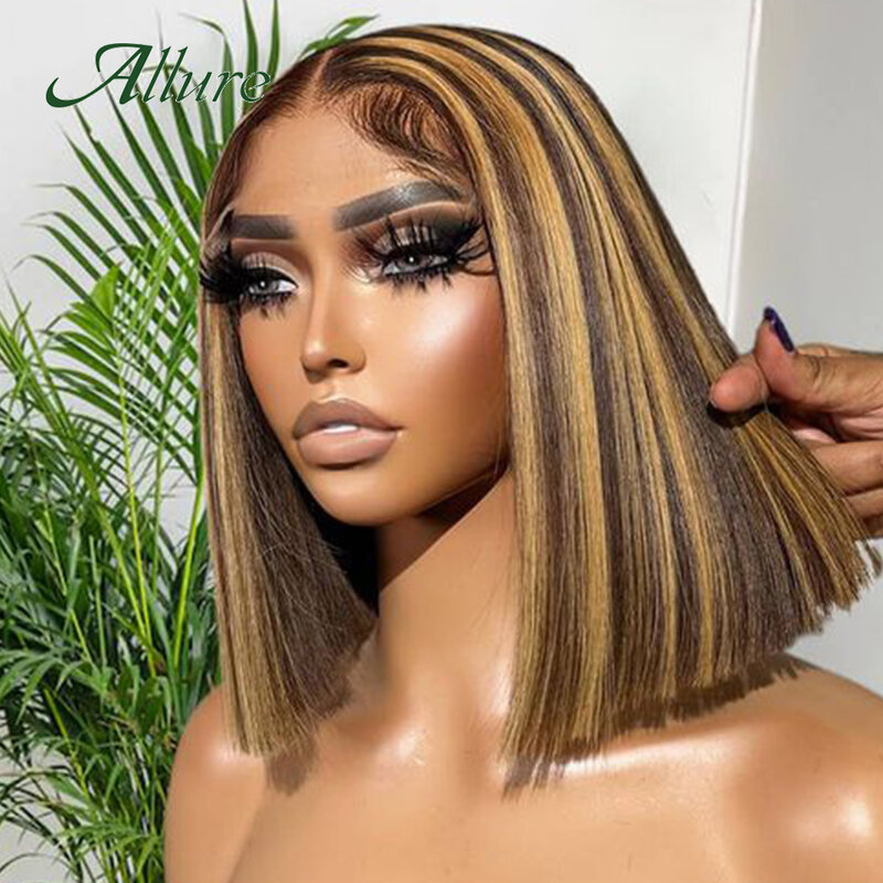 Brazilian Straight Hair Short Bob Wig Highlight Colored Human Hair Lace Wigs For Black Women 180% Density T part Lace Wig Allure