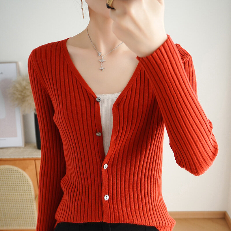 Весенне-осенний шерстяной маленький кардиган с V-образным вырезом, вязаная куртка, женский короткий небольшой стильный свитер, приталенная нижняя рубашка