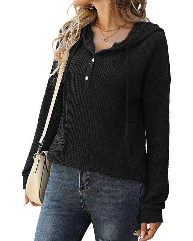 Camisola de malha esportiva solta feminina, de manga comprida, botão, com capuz, fêmea, nova, outono e inverno