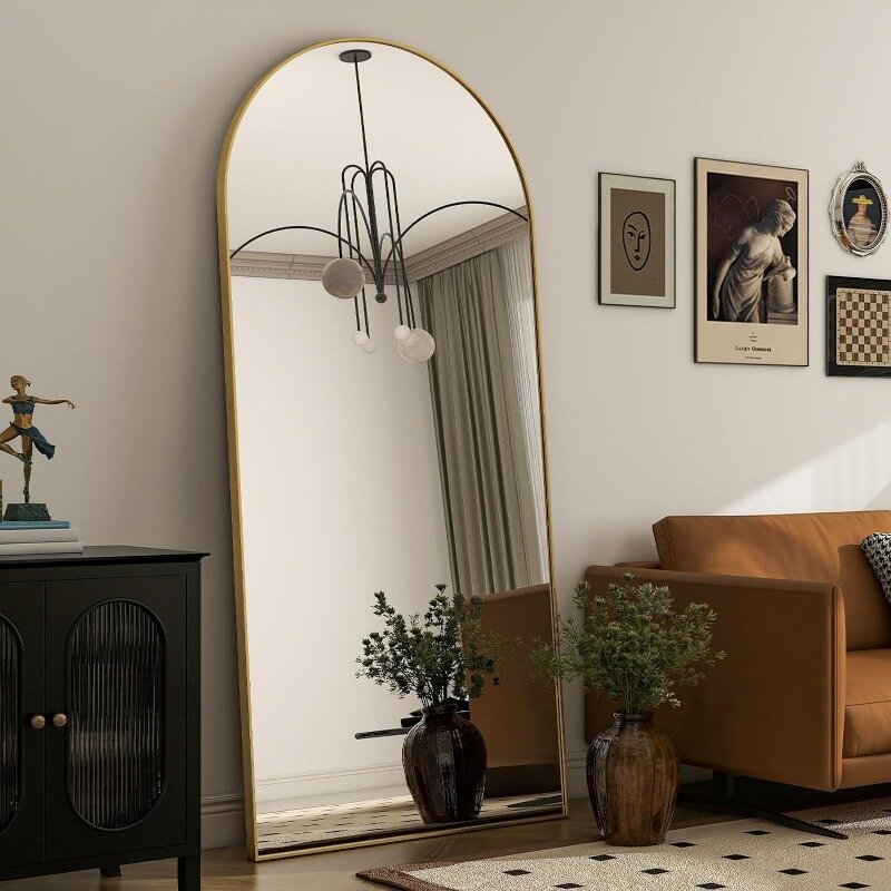 Miroir pleine longueur avec cadre en aluminium doré, miroir autoportant, miroir inclinable, décoration en arc moderne, 76 po x 34 po