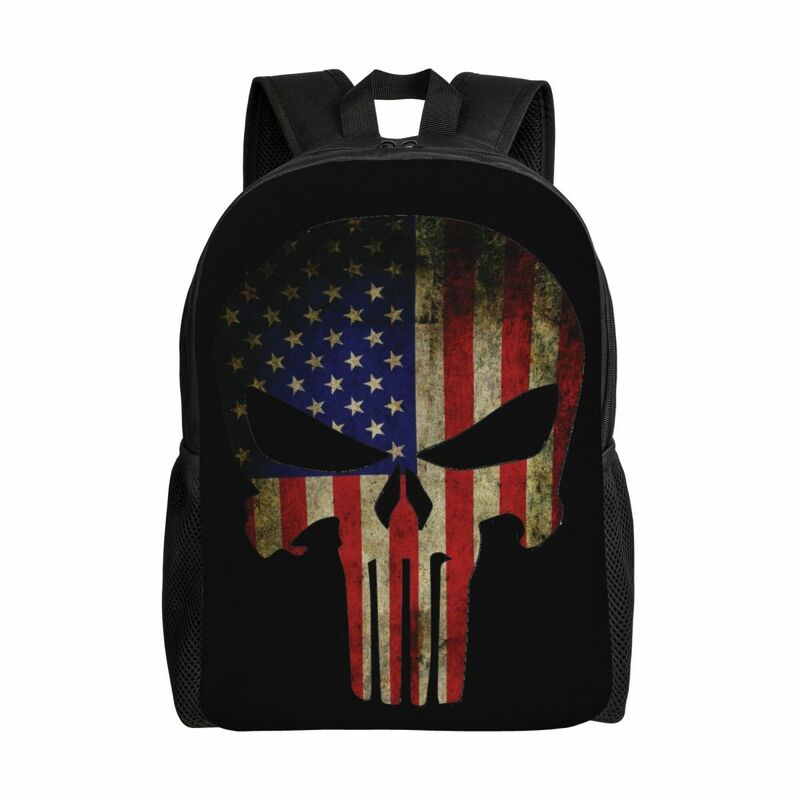 Custom Skull Punisher Laptop Backpack Men Women Fashion Bookbag for College School Students United States Flag Bag