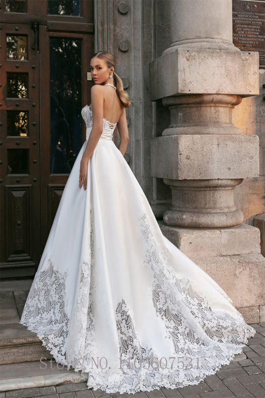 Gaun pengantin renda Satin kerah Sweetheart indah untuk wanita gaun pengantin pernikahan istana A-line tanpa lengan vestido de noiva